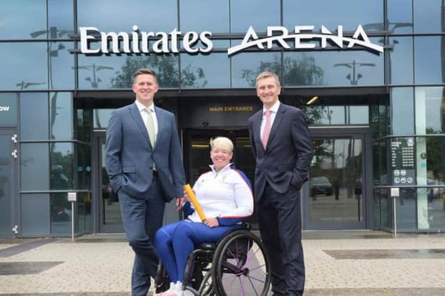 Martin Darroch with Paralympic gold medallist Jo Butterfield and UK Athletics chief Nigel Holl. Picture: Julie Howden