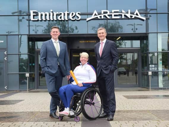 Martin Darroch with Paralympic gold medallist Jo Butterfield and UK Athletics chief Nigel Holl. Picture: Julie Howden