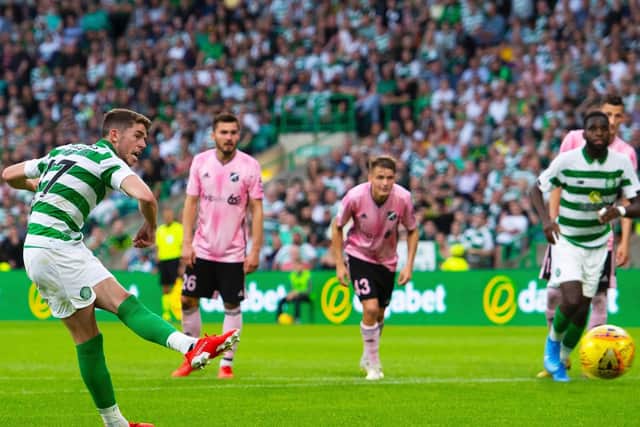 Ryan Christie scores Celtic's second in their 5-0 win over Nomme Kalju