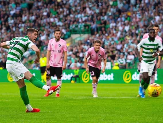 Ryan Christie scores Celtic's second in their 5-0 win over Nomme Kalju