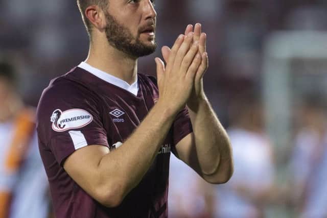 Craig Halkett celebrates at full-time after his late brace earned Hearts victory over Stenhousemuir. Picture: Craig Foy/SNS