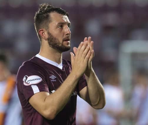 Craig Halkett celebrates at full-time after his late brace earned Hearts victory over Stenhousemuir. Picture: Craig Foy/SNS