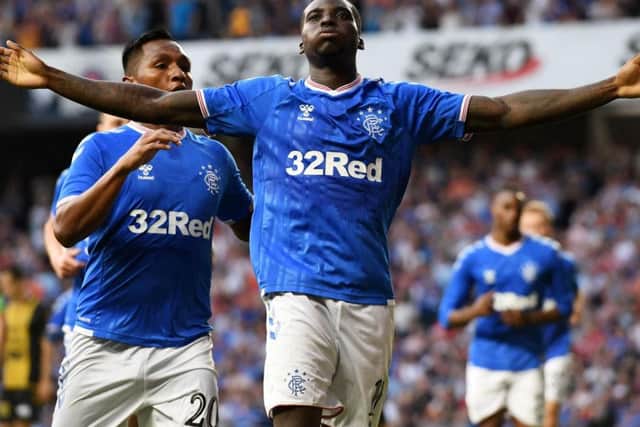 Sheyi Ojo celebrates putting Rangers 2-0 ahead.
