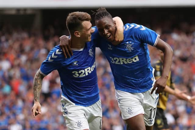 Joe Aribo celebrates scoring Rangers' opening goal against Progres Niederkorn last night. Picture: Getty.