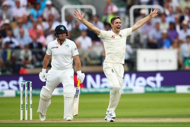 England's Chris Woakes, who took six for 17, appeals successfully to claim the wicket of Gary Wilson. Picture: Julian Finney/Getty