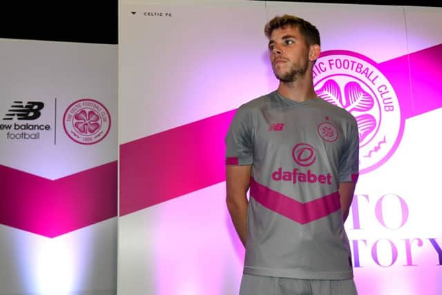 Ryan Christie models Celtic's new third kit at the Celtic Festival in Glasgow's SEC centre. Picture: SNS