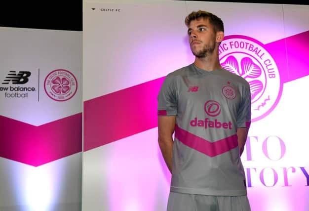 Ryan Christie models Celtic's new third kit at the Celtic Festival in Glasgow's SEC centre. Picture: SNS