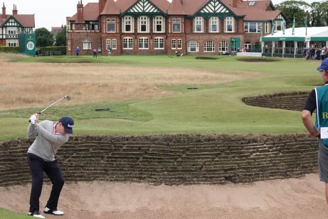 Three-time winner Tom Watson takes his medicine from a fairway bunker at the last in the third round of the over-50s major at Royal Lytham. Picture: Getty Images