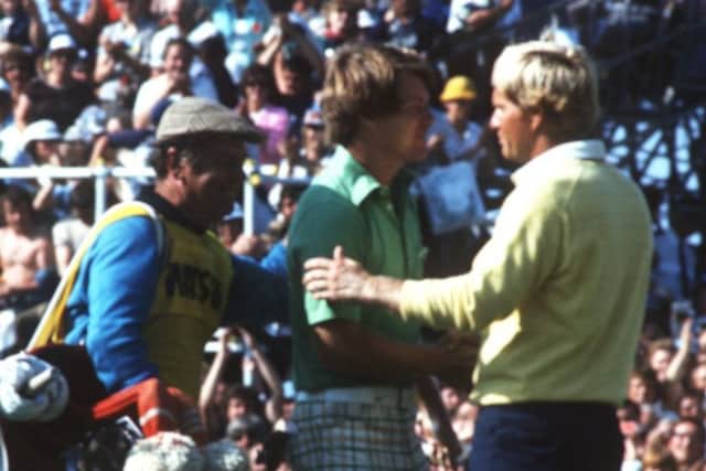 Tom Watson shakes hands with Jack Nicklaus on the 18th green at Turnberry in 1977. Picture: Allsport UK/ALLSPORT