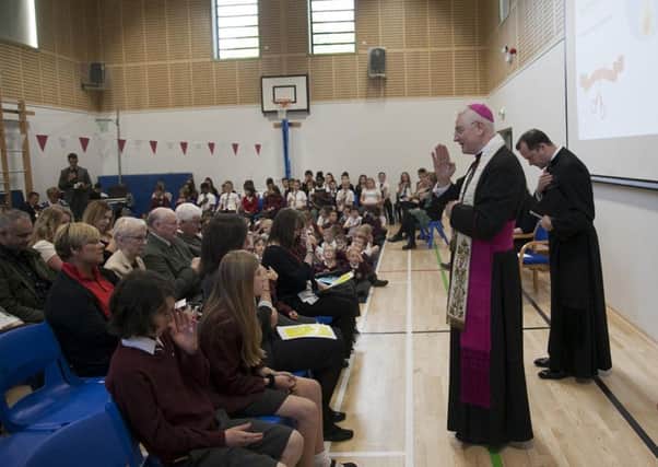 Archbishop Leo Cushley, seen opening a new gym hall at St Margaret's RC Primary school in South Queensferry, called on parishioners to oppose moves to block voting rights for religious representatives on Edinburgh council's education committee (Photo: Alistair Linford)