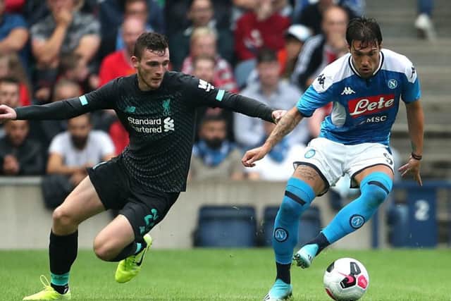 Andy Robertson challenges Napoli's Simone Verdi during Liverpool's 3-0 defeat at Murrayfield. Picture: PA.