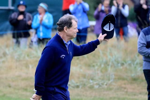 Tom Watson takes the acclaim of the galleries during his final competitive round of links golf. Picture: Getty.