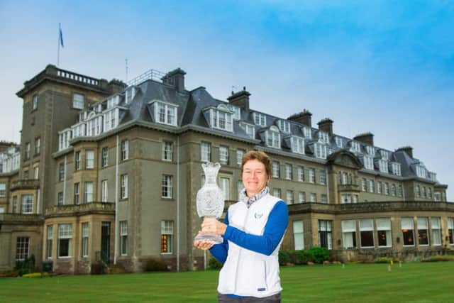 European team captain Catriona Matthew with the Solheim Cup outside the Gleneagles Hotel. Picture: Tristan Jones