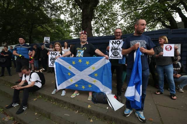 Demonstrators outside Bute House in Edinburgh ahead of a meeting between Nicola Sturgeon and Boris Johnson