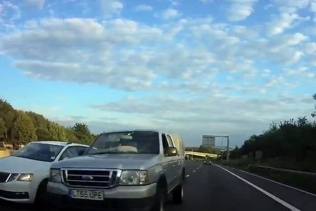 In Ms McGuire's dashcam clip a car can be seen speeding up behind her vehicle and ramming her. Picture: Twitter/Annie_McGuire