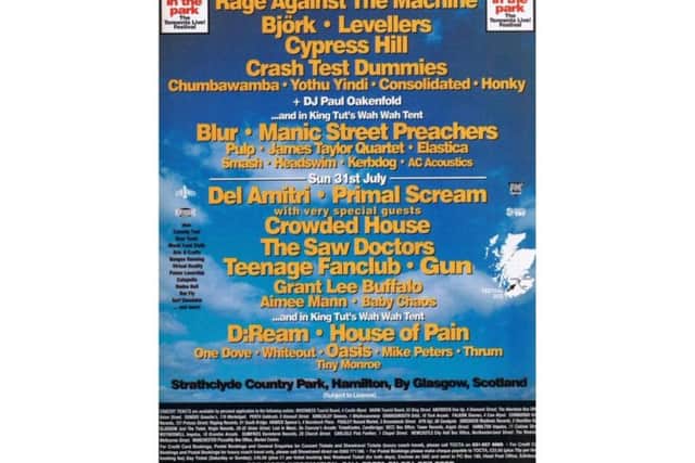 This poster shows the original line-up of the very first T in the Park in 1994