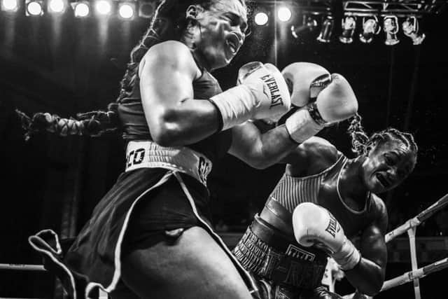 Olympic champion Claressa Shields (right) meets Hanna Gabriels in a boxing match at the Masonic Temple in Detroit, Michigan