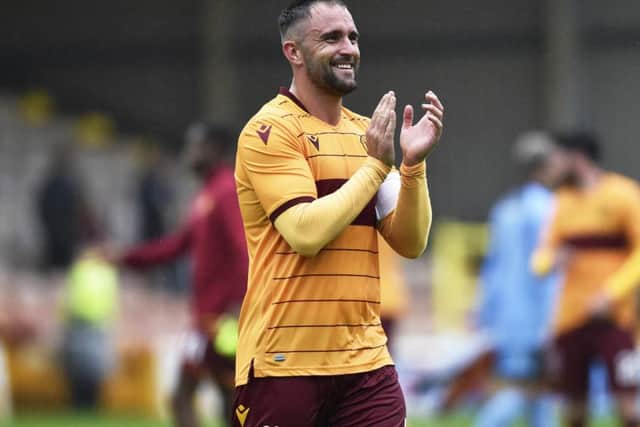 Peter Hartley applauds the Motherwell fans after their 4-0 Betfred Cup win over Annan Athletic. Picture: Rob Casey/SNS