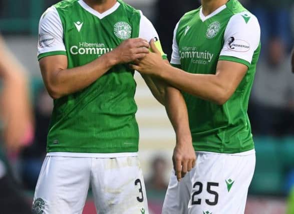 Ryan Porteous, right, with fellow Hibs defender Steven Whittaker after coming on as a substitute in the pre-season friendly against Newcastle United. Picture: Craig Foy/SNS
