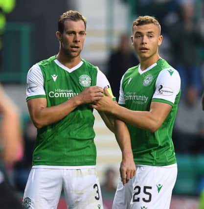 Ryan Porteous, right, with fellow Hibs defender Steven Whittaker after coming on as a substitute in the pre-season friendly against Newcastle United. Picture: Craig Foy/SNS