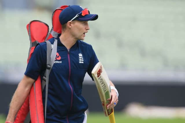 England captain Joe Root at a training session on the eve of the first Ashes Test. Picture: AFP/Getty Images