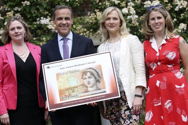 Mary Macleod MP, Governor of the Bank of England, Mark Carney, Stella Creasy MP and Caroline Criado Perez announcing Jane Austen's appearance on a bank note, 2013. Photo by Chris Ratcliffe - Pool/Getty Images
