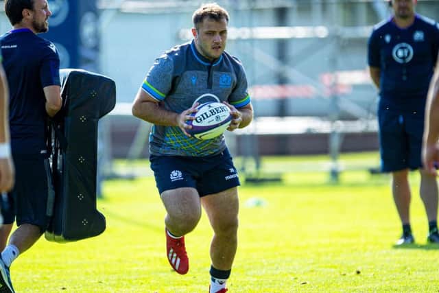 Grant Stewart, training with the Scotland squad at St Andrews, hopes to win his first cap in the matches against France and Georgia. Picture: SNS/SRU