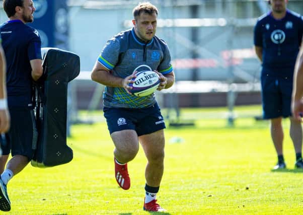 Grant Stewart, training with the Scotland squad at St Andrews, hopes to win his first cap in the matches against France and Georgia. Picture: SNS/SRU
