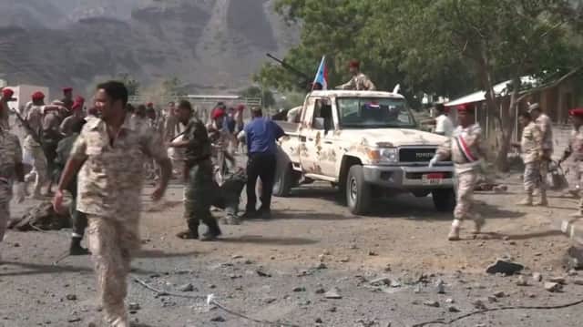 Dozens of Yemeni police, including a senior commander, were killed or wounded in the attack, according to a security source. The missile attack, which came as a suicide bomber killed at last three police in the Sheikh Othman area of the southern port city, was claimed by Huthi rebels who control the capital Sanaa. (Photo by Nabil HASAN / AFP)NABIL HASAN/AFP/Getty Images