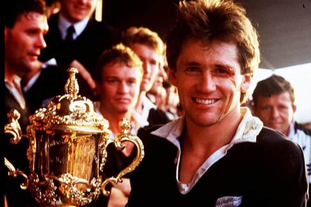 All Blacks captain David Kirk with the William Webb Ellis trophy in 1987. Picture: AP