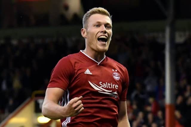 Sam Cosgrove celebrates his third goal in Aberdeen's 5-0 win over Chikhura Sachkhere. Picture: Rob Casey/SNS