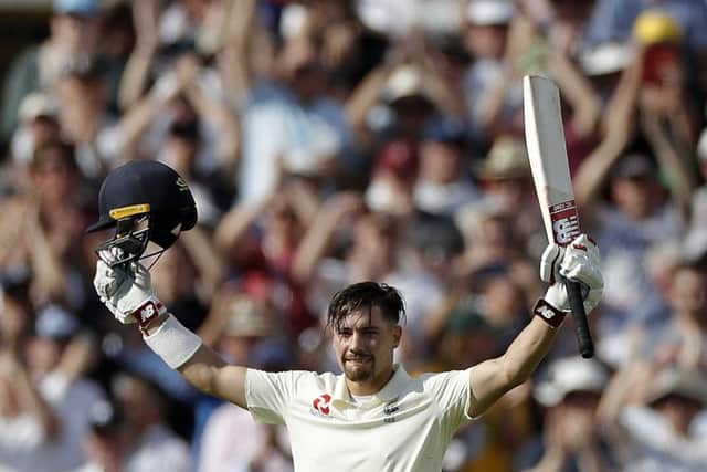Rory Burns celebrates after reaching his maiden Test century at Edgbaston yesterday. Picture: Getty.