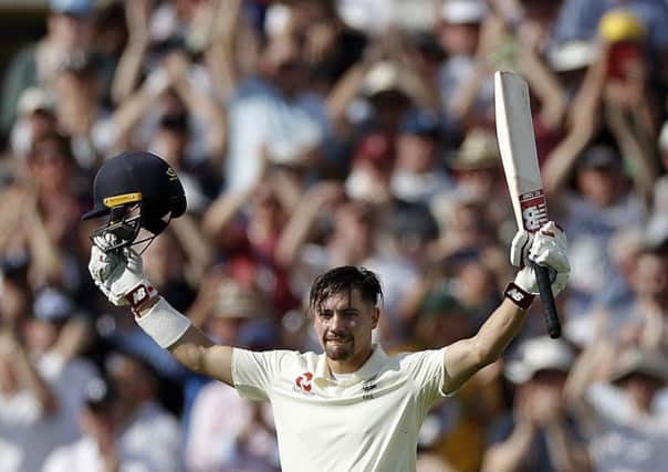 Rory Burns celebrates after reaching his maiden Test century at Edgbaston yesterday. Picture: Getty.
