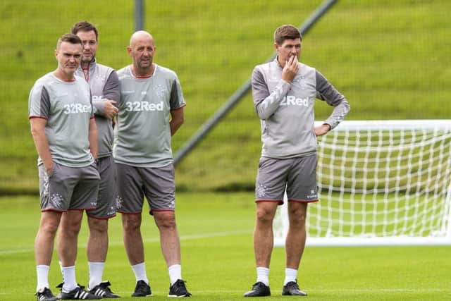 Rangers manager Steven Gerrard with his coaching team of Gary McAllister, Michael Beale and Tom Culshaw. Picture: SNS