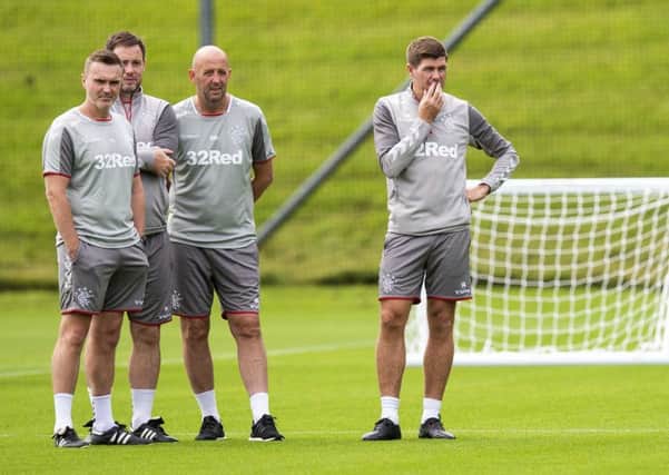 Rangers manager Steven Gerrard with his coaching team of Gary McAllister, Michael Beale and Tom Culshaw. Picture: SNS