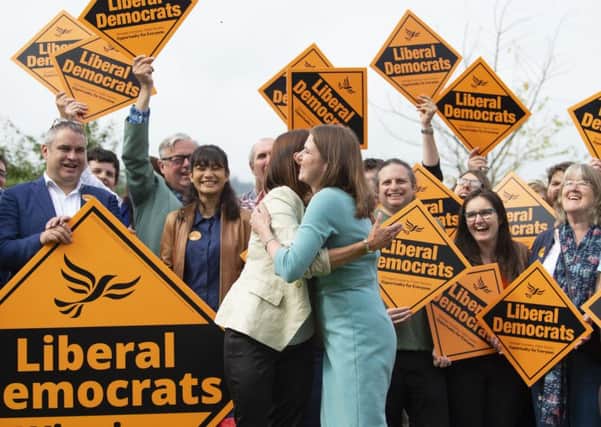 By-election victor and Welsh Lib Dem leader Jane Dodds hugs Jo Swinson. Picture: Matthew Horwood/Getty
