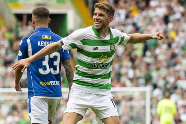 Ryan Christie celebrates after scoring a hat-trick. Pic: SNS