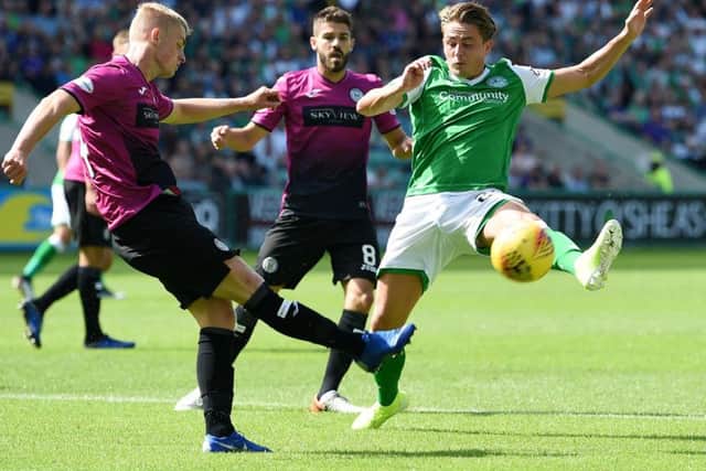 Hibernian's Scott Allan closes down Cameron MacPherson's clearance. Pic: SNS