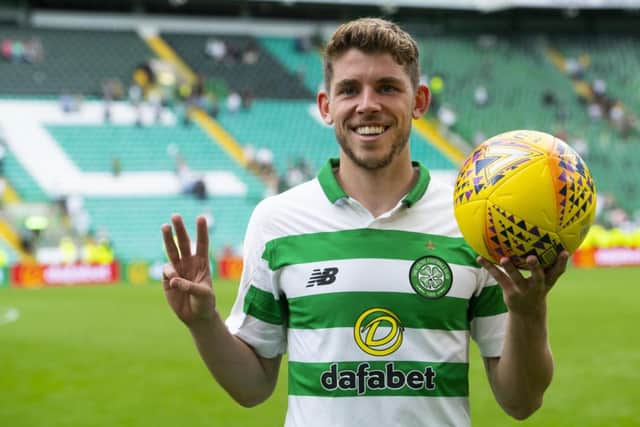 Celtic's Ryan Christie celebrates his hat-trick. Pic: SNS/Bill Murray