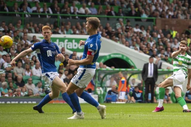 Ryan Christie scores the first of his three goals to put Celtic 2-0 ahead. Picture: SNS.
