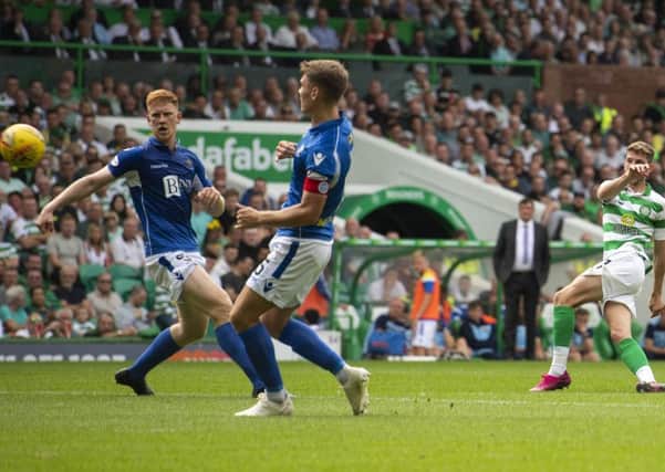 Ryan Christie scores the first of his three goals to put Celtic 2-0 ahead. Picture: SNS.