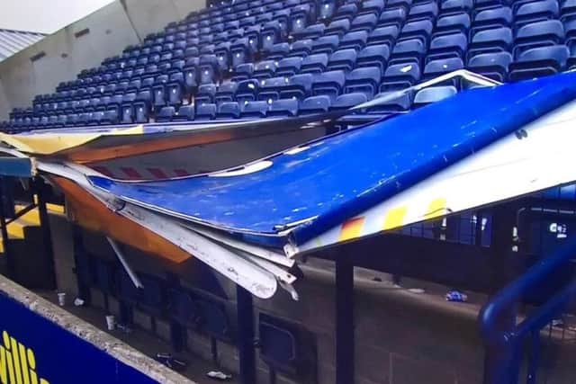 Images from Sky Sports showing the damaged disabled section in the away end at Rugby Park