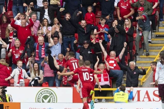 Aberdeen's players celebrate Ryan Hedges' late winner