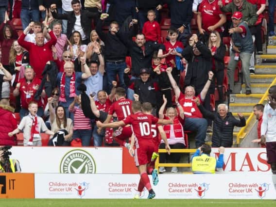 Aberdeen's players celebrate Ryan Hedges' late winner