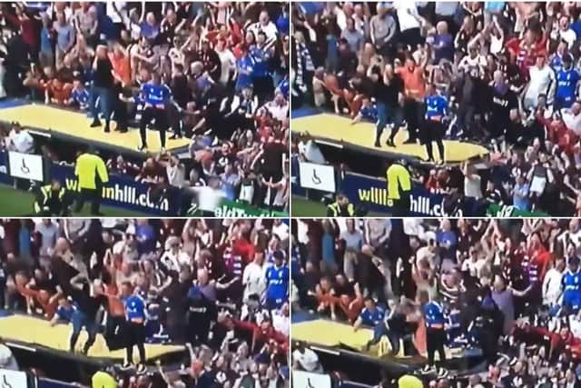 Montage of images showing Rangers fans on the roof of the disabled viewing area. The roof can be seen caving in in the last image