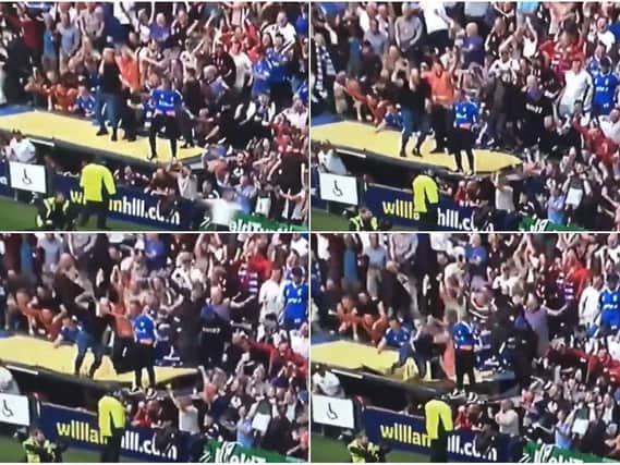 Montage of images showing Rangers fans on the roof of the disabled viewing area. The roof can be seen caving in in the last image
