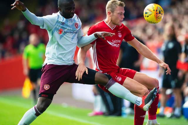 Some Hearts fans wondered why Dikamona excelled in the derby win over Hibs back in December but was rarely seen. Then Aberdeen happened. Rash tackle on McGinn to concede the penalty, similar to another challenge in the first half.