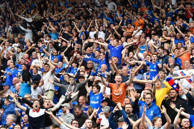 Rangers fans in the away stand at Rugby Park.