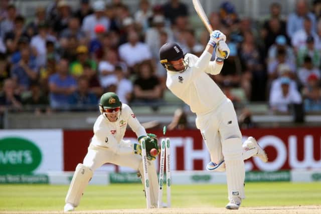 Jason Roy gives away his wicket cheaply as he is bowled by Nathan Lyon. Picture: PA.