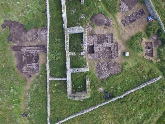 An overhead view of the trenches with the Viking 'drinking hall' on the left